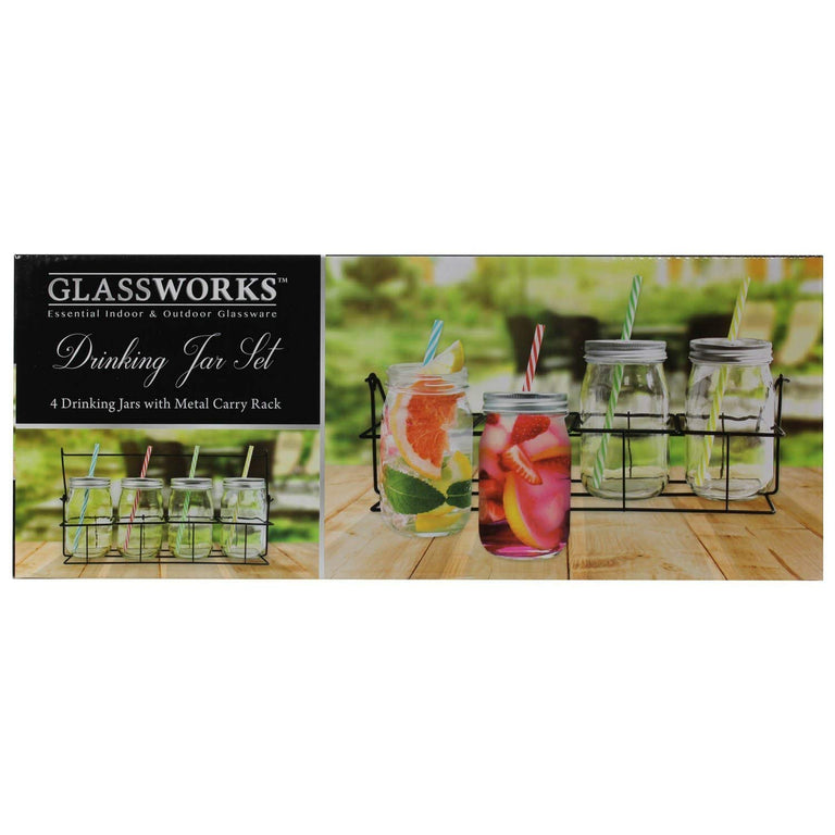 Set Of 4 Drinking Jars With Straw Lid And Rack