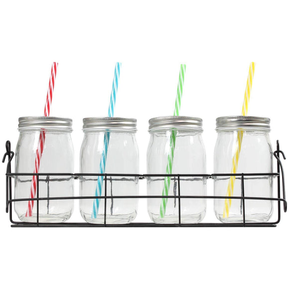 Set Of 4 Drinking Jars With Straw Lid And Rack