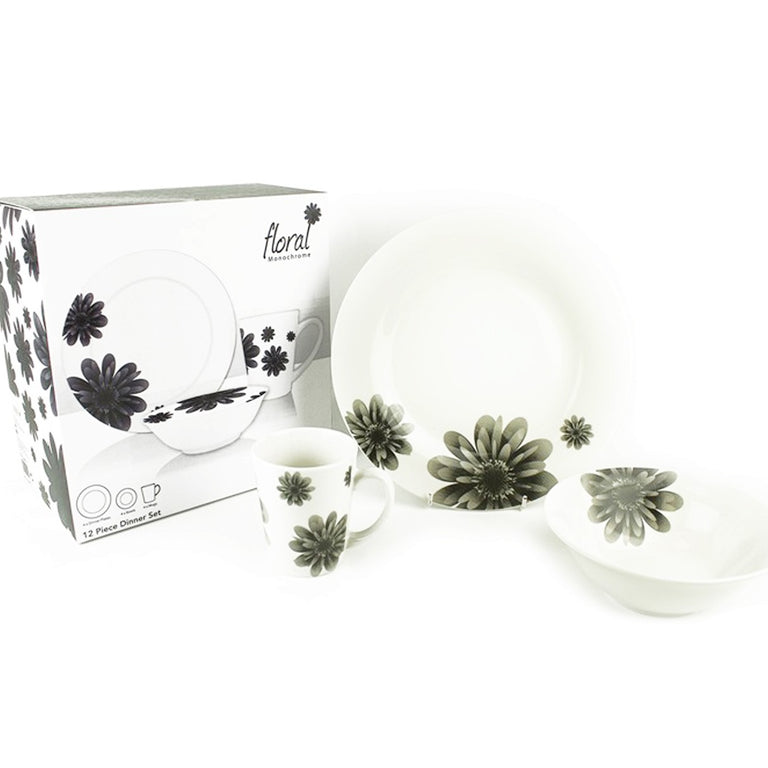 Earthenware 12 Piece Dinner Set Black Floral
