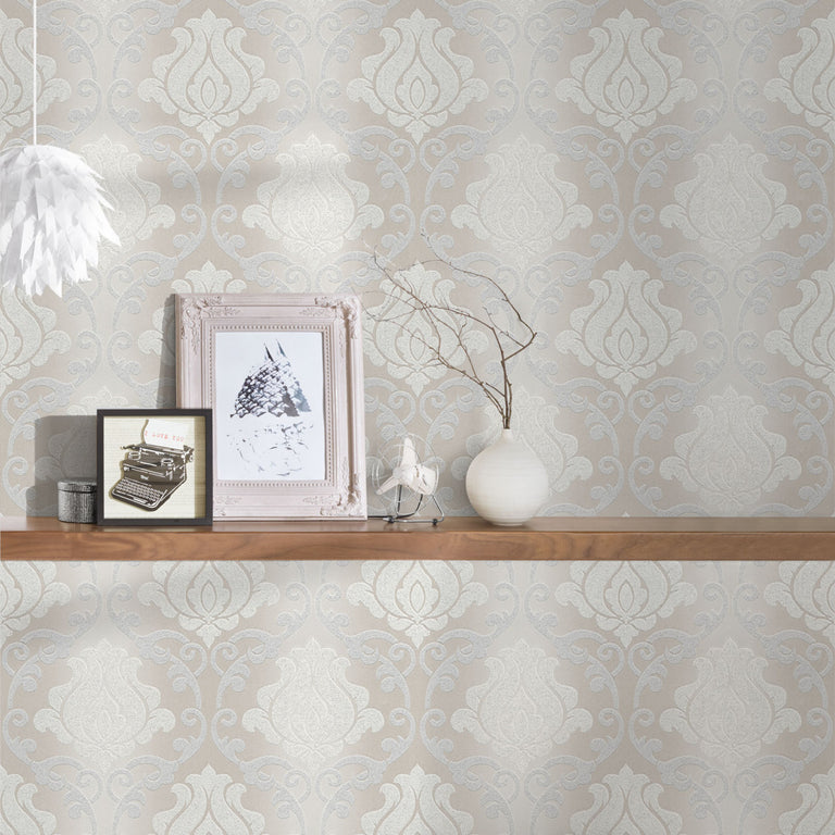 Adelaide Beige Silver Grey Damask Wallpaper