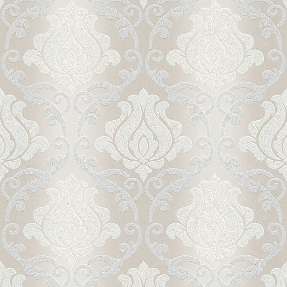 Adelaide Beige Silver Grey Damask Wallpaper