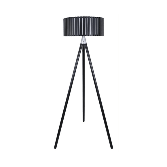 Black Hollywood Tripod Floor Lamp with Round Wooden Shade