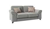 A 2 seater grey sofa with black legs and two patterned cushions on it.