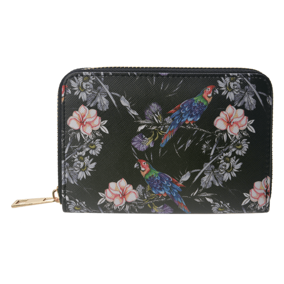 Black Parrot and Flowers Wallet Zip