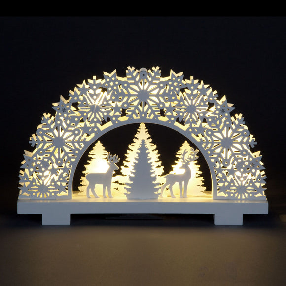Battery Operated 20cm White Carved Arch With Tree  Deer Scene 11 Warm White LEDs