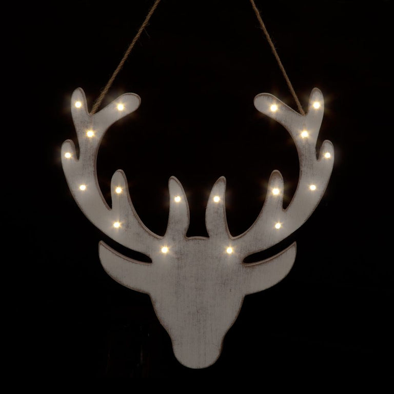 Battery Operated 30cm Carved Stag Head With Distressed Finish 18 Warm White LEDs