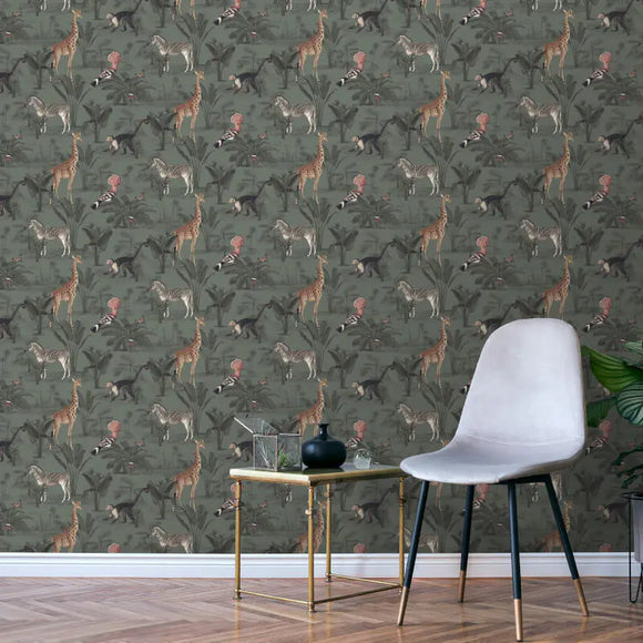N10501 Vintage Zoo Country Green Wallpaper