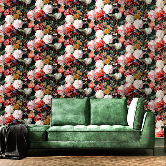 N10100  Floral Bouquet Black Multi Wallpaper