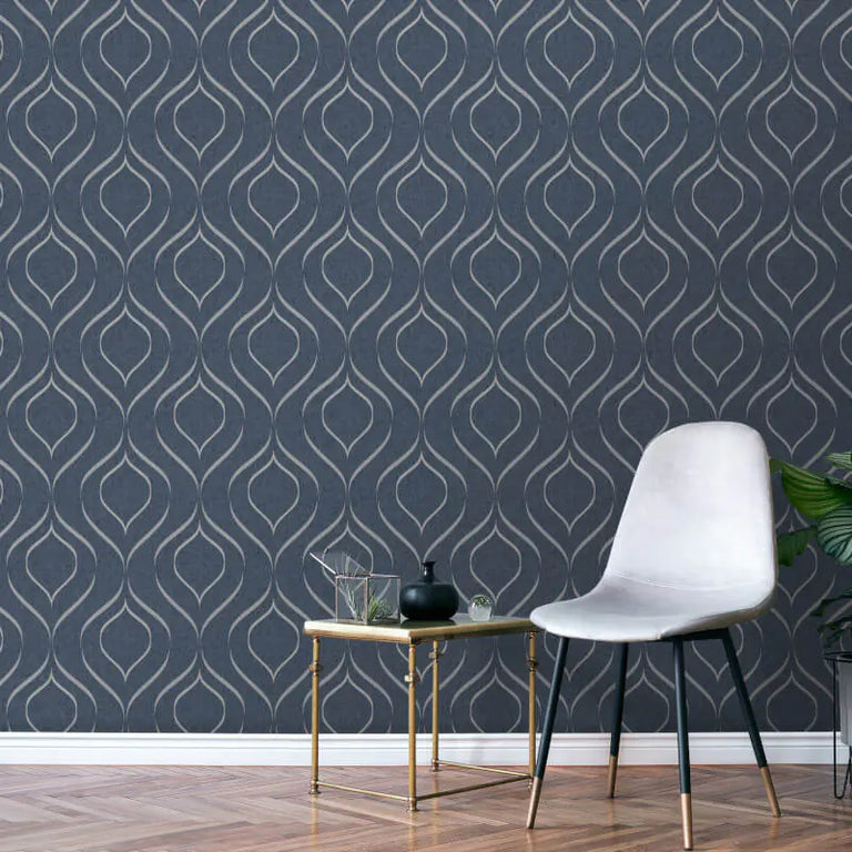N10051 Geometric Trellis DenimSilver Metallic Wallpaper