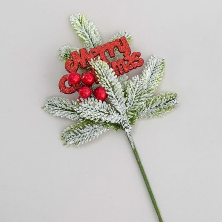 30CM Flock Pine Merry Christmas Pick Red