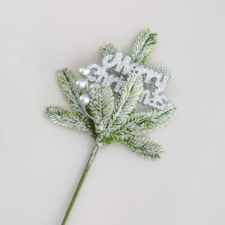 30CM Flock Pine Merry Christmas Pick Silver