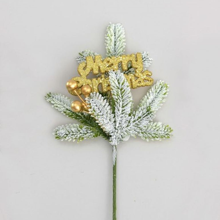 30CM Flock Pine Merry Christmas Pick Gold