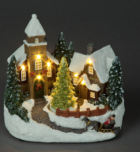 Snowtime BO 19cm LED Church Scene with Revolving Christmas Tree