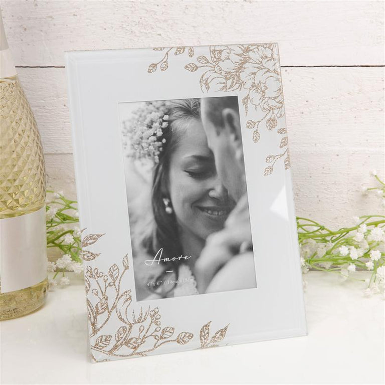 Amore Pale Grey Glass Gold Floral Frame 4 X 6