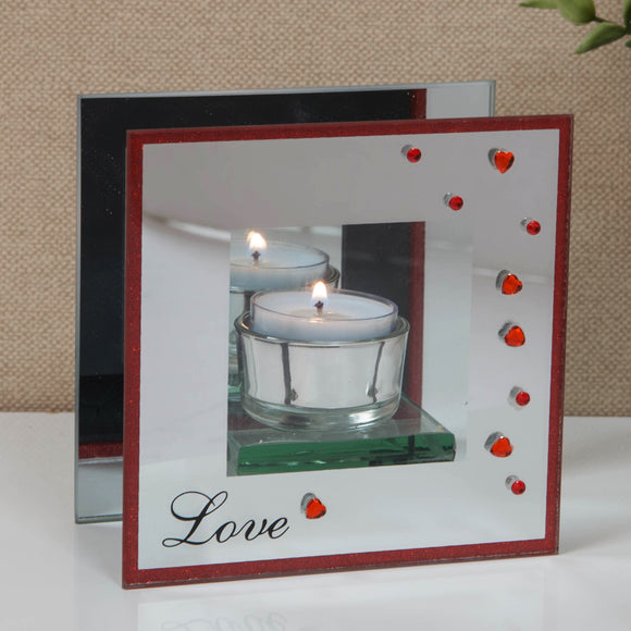 Glass Tealight Holder With Red Diamante Hearts  Love