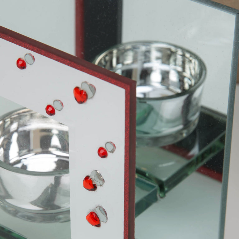 Glass Tealight Holder With Red Diamante Hearts  Love